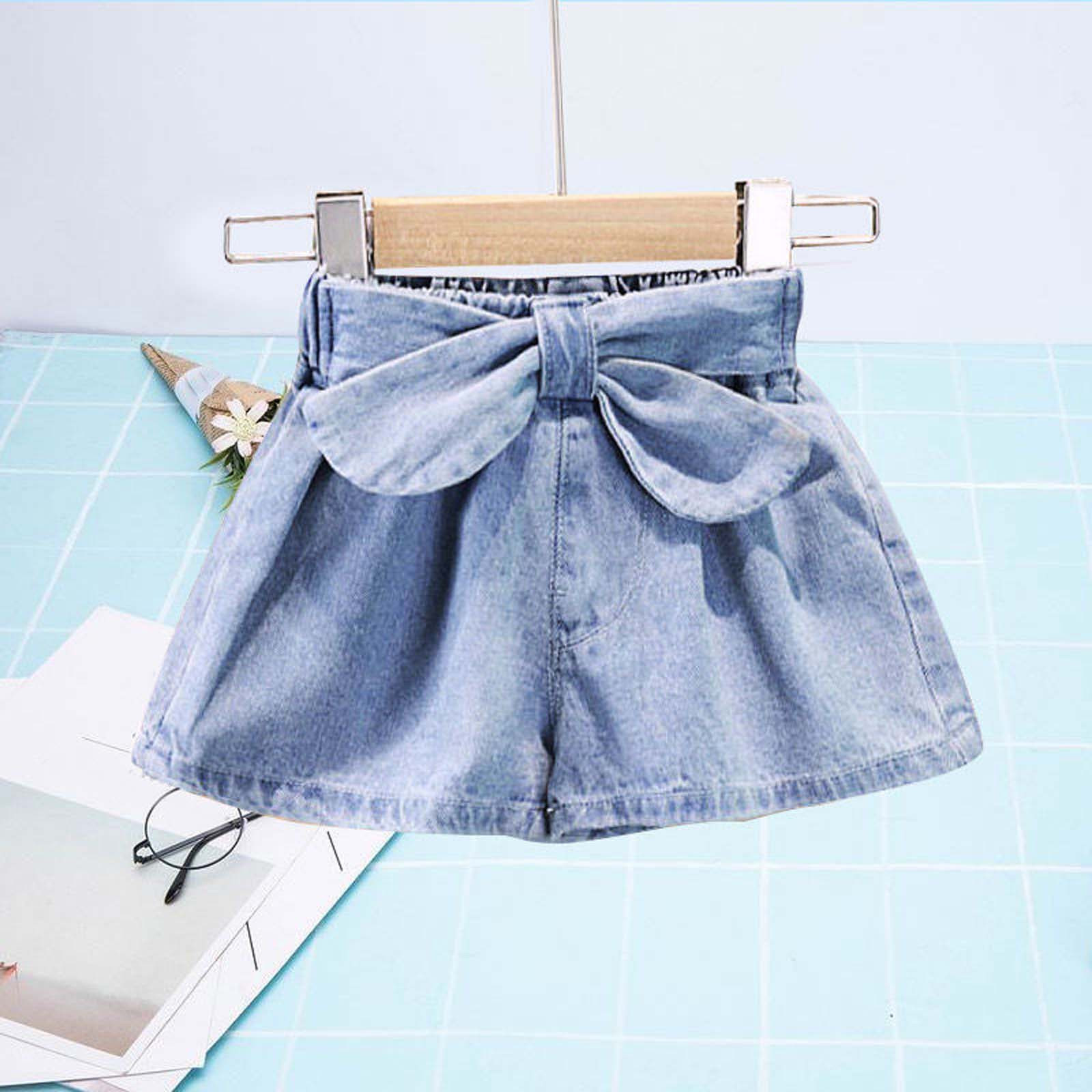 JingChang Childhood Girls Ruffles Jean Shorts Toddler Stretch Denim Bow Skirt Shorts Summer Beach Sports Short Pants,Blue,140